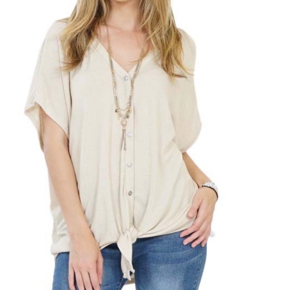 Taupe V-Neck Short-Sleeve Tie- Hem Button-Front Top NWOT